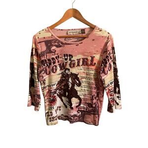 Y2K Bit & Bridle Giddy Up Cowgirl Cotton Top Large Country Rodeo Horse Western